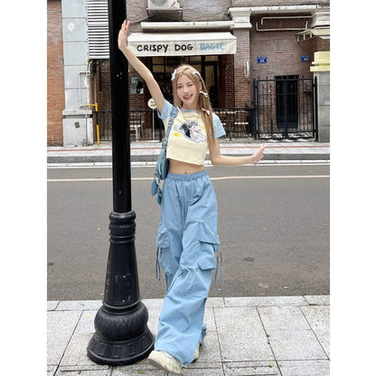 Aichashi outfit ideas for school American Retro Overalls Women's Summer High Waist Straight Wide Leg Pants Design Loose Casual Mopping Pants