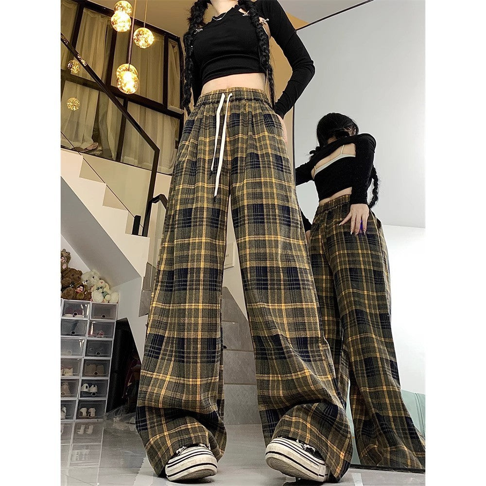 Aichashi fall outfits aesthetic Retro Brushed Plaid Casual Pants Women's Autumn New High Waist Straight Pants Slimming Wide Leg Mop Long Pants