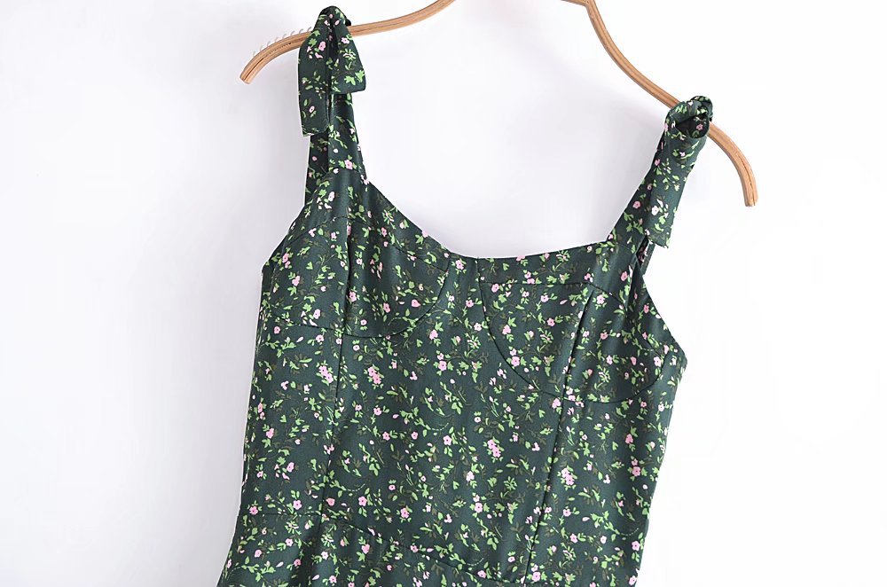 Aichashi indie dress to impress Summer French Style Retro Dark Green Small Floral Slim Waist Long Sling Dress