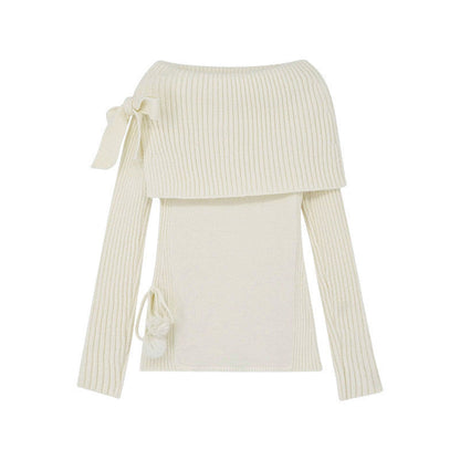 Aichashi college outfits aesthetic off-Shoulder Bow Knitted Top 2024 Early Autumn New Design Sense Small Inner Bottoming Sweater for Women