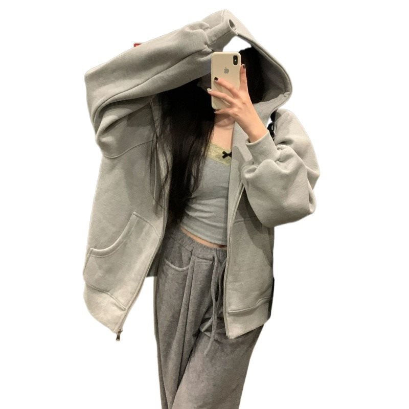 Aichashi 90s streetwear American Casual Gray Hooded Zipper Cardigan Sweater for Women 2024 Autumn New Loose Lazy Style Coat