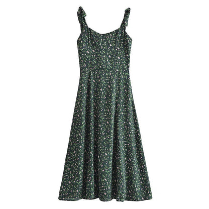 Aichashi indie dress to impress Summer French Style Retro Dark Green Small Floral Slim Waist Long Sling Dress