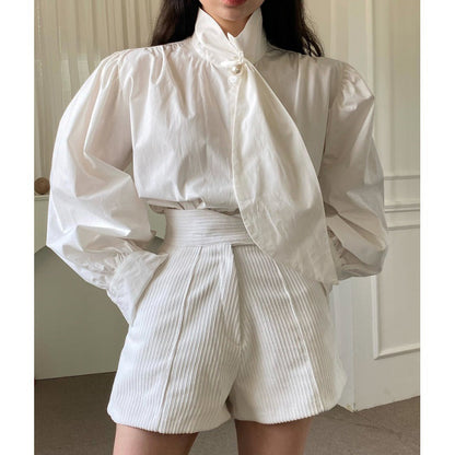 Aichashi fruitful fashion dress to impress Chic Autumn French Elegant Pearl Button Puff Sleeve Shirt + Irregular High Waist Shorts Suit