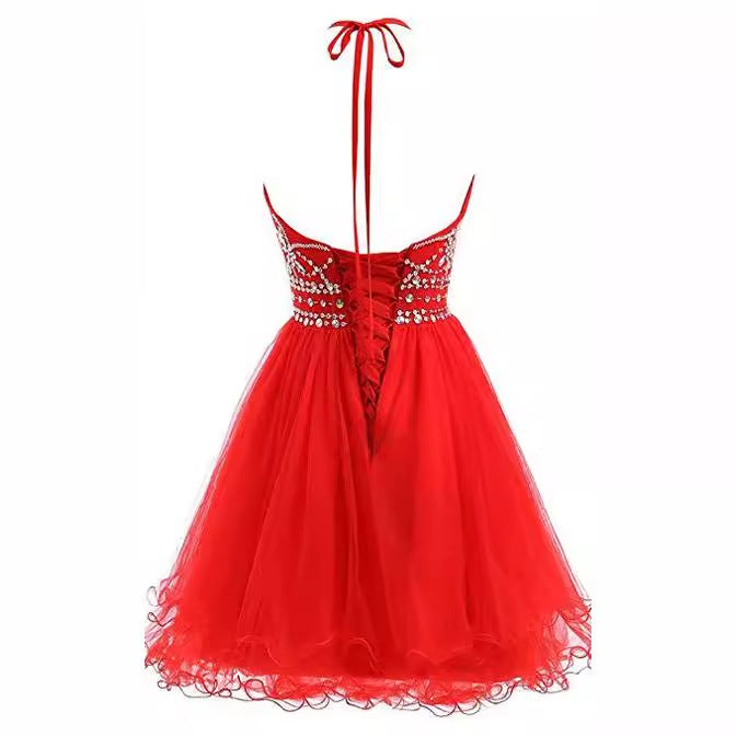 Aichashi dresses Slim-Fit Small Dress Halter Short Bridal Wedding Dress Banquet Evening Dress Lace New Red Women