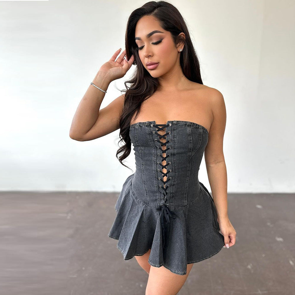 Aichashi harajuku dress to impress Dress Women's Zipper Lace-up Chest Wrap Sexy Hot Girl Denim Short Ruffle Skirt