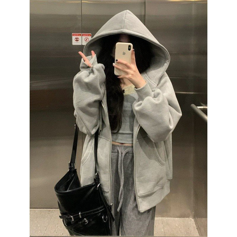 Aichashi 90s streetwear American Casual Gray Hooded Zipper Cardigan Sweater for Women 2024 Autumn New Loose Lazy Style Coat