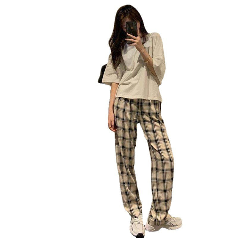 Aichashi comfy school outfits Korean Style Spring and Summer New Hong Kong Style Chic Retro Light Casual Royal Sister Elegant Western Style Plaid Wide-Leg Pants Fashion