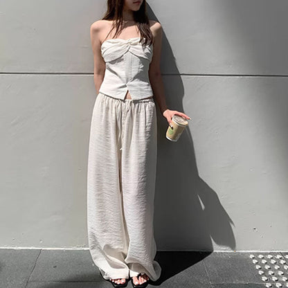 Aichashi first day of school outfit summer Old Qian Style Tube Top Mop Pants Suit Cotton Linen Wide Leg Pants Casual Pants Women's Summer Design Sense Niche 2-Piece Suit