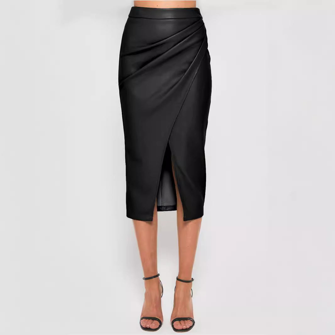 Aichashi fall fashion outfits Women's Pu Split Skirt Autumn and Winter High Waist Zipper Pleated Leather Skirt Sexy Hip Skirt