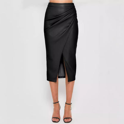 Aichashi fall fashion outfits Women's Pu Split Skirt Autumn and Winter High Waist Zipper Pleated Leather Skirt Sexy Hip Skirt