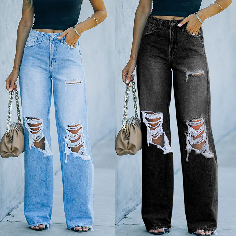 Aichashi cute school outfits for middle school Factory Direct Women's Jeans Autumn Street Hipster Ripped Wide-Leg Pants