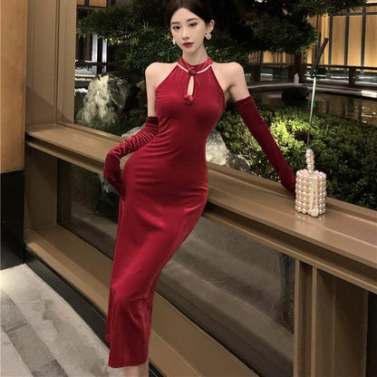 Aichashi dress to impress outfits Banquet Host Auto Show Dress Long Dress Improved Cheongsam Dress Sexy Split Halter Velvet Dress