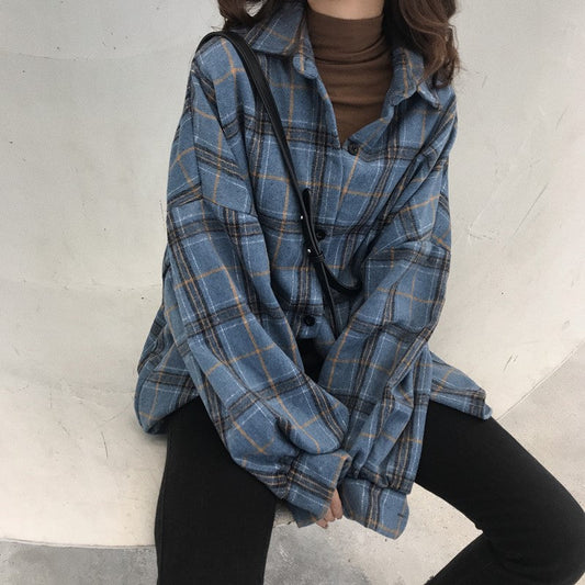 Aichashi college outfits aesthetic Brushed Lapel Plaid Shirt Women's Clothing Winter New Retro Hong Kong Style French Fashion Top Student Coat