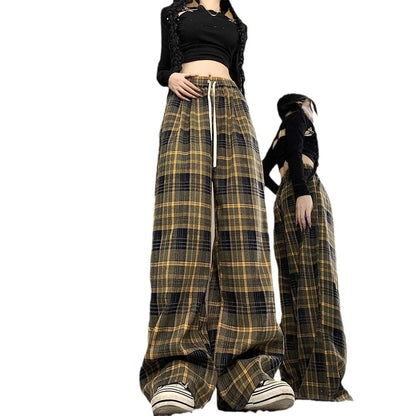 Aichashi fall outfits aesthetic Retro Brushed Plaid Casual Pants Women's Autumn New High Waist Straight Pants Slimming Wide Leg Mop Long Pants