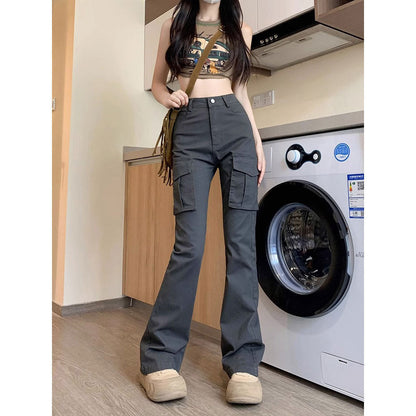 Aichashi comfy school outfits American Style Micro Horn Overalls for Women Spring and Autumn New High Waist Slimming Retro Hot Girl Drape Horseshoe Pants Fashion