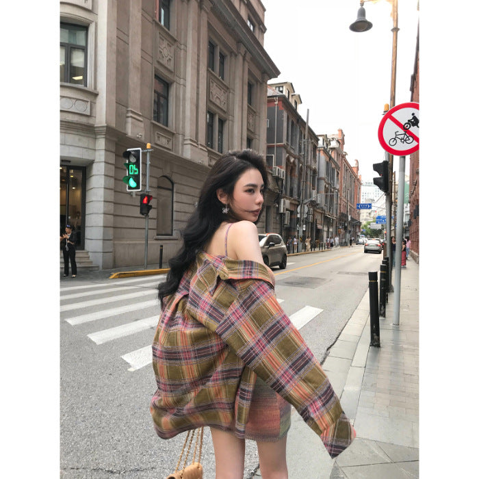 Aichashi grunge outfits Autumn and Winter New Loose Coat Design Sense Niche Retro Versatile Slimming Plaid Long Sleeve Shirt