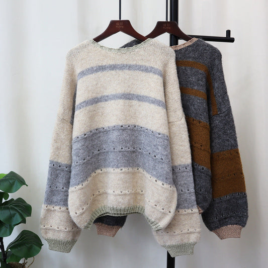 Aichashi lookbook outfits Contrast Color Striped Sweater Top 2024 Autumn and Winter New Korean Style Loose Retro Japanese Style Soft Glutinous Sweater Pullover for Women