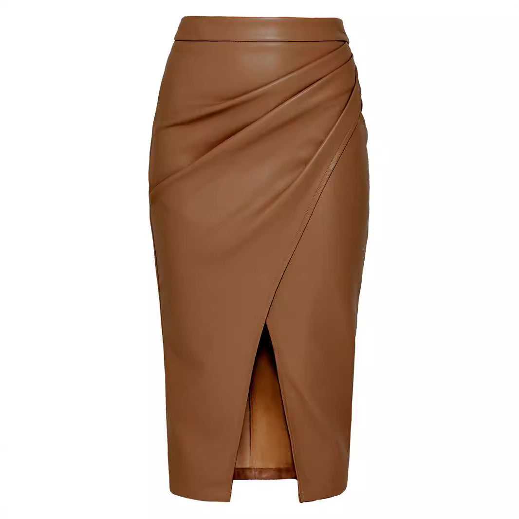 Aichashi fall fashion outfits Women's Pu Split Skirt Autumn and Winter High Waist Zipper Pleated Leather Skirt Sexy Hip Skirt