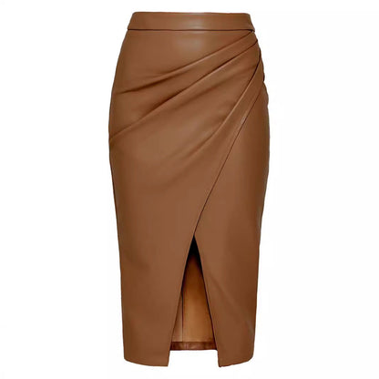 Aichashi fall fashion outfits Women's Pu Split Skirt Autumn and Winter High Waist Zipper Pleated Leather Skirt Sexy Hip Skirt