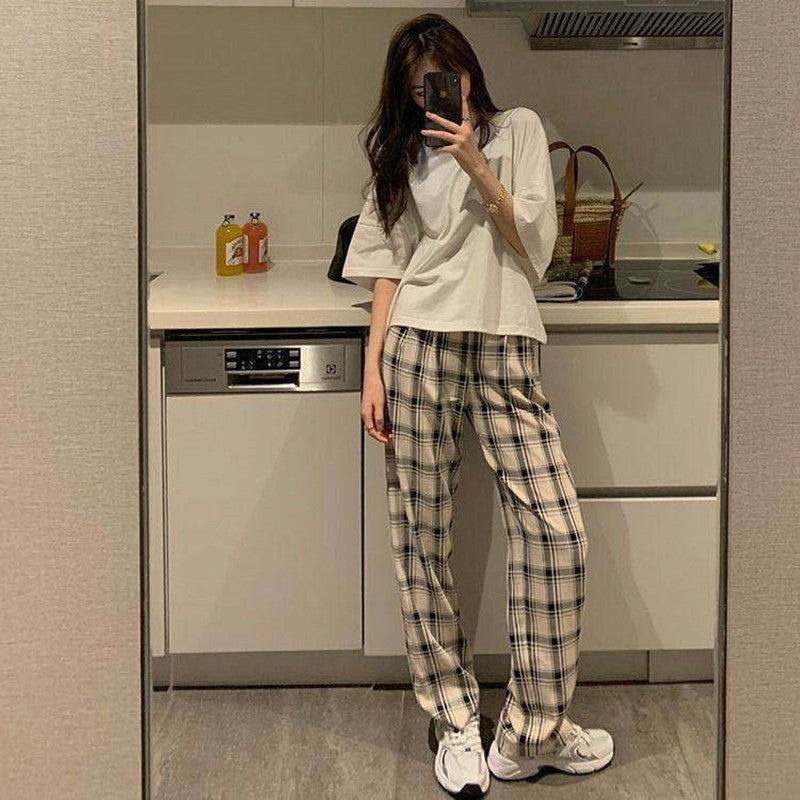 Aichashi comfy school outfits Korean Style Spring and Summer New Hong Kong Style Chic Retro Light Casual Royal Sister Elegant Western Style Plaid Wide-Leg Pants Fashion