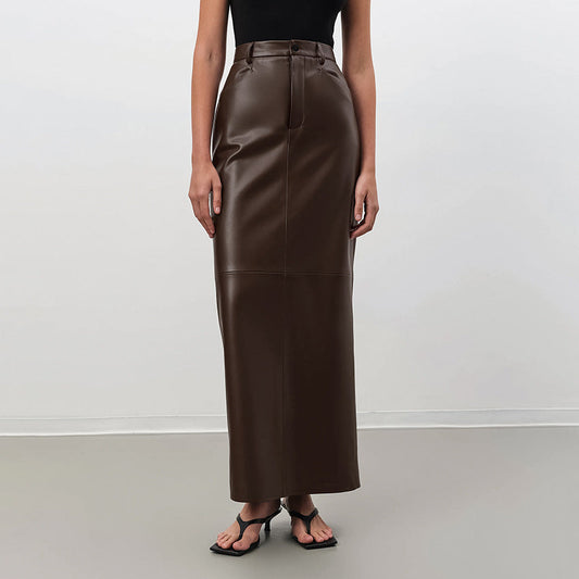 aichashi fall fashion outfits Autumn French Style Brown Fleece-lined Leather High Waist Slim Straight Skirt Leather Skirt Versatile Retro Sexy Split Skirt