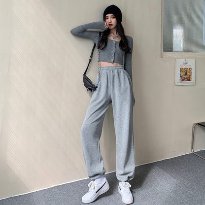 Aichashi clothes Gray Sports Pants for Women Spring and Autumn New High Waist Loose Wide Leg Pants Ankle-Tied Sweatpants Slim Casual Pants Straight Pants