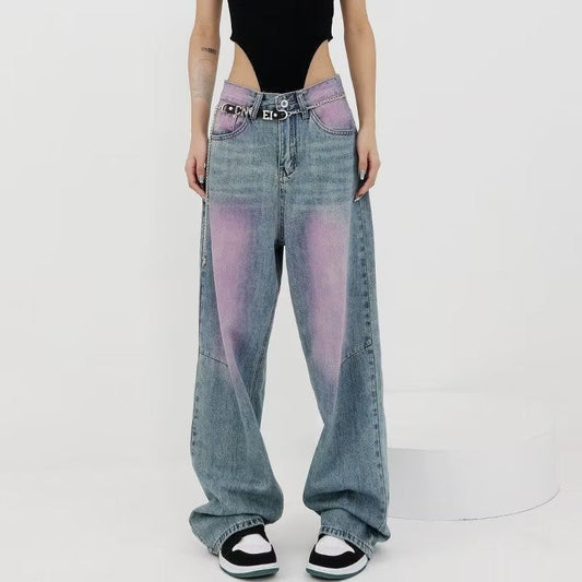 Aichashi dream clothes American-Style High Street Washed Vintage Jeans Women's Summer New High-Grade Spray-Dyed Graffiti Straight Wide-Leg Mop Pants