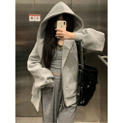 Aichashi 90s streetwear American Casual Gray Hooded Zipper Cardigan Sweater for Women 2024 Autumn New Loose Lazy Style Coat