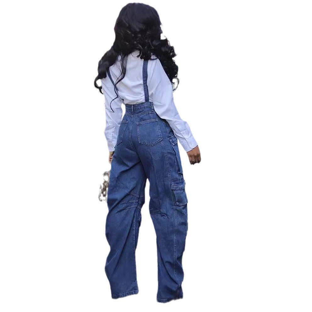 Aichashi grunge outfits 2024 New Fashion Women's Loose Denim Suspender Pants Summer Street High Waist Multi-Pocket One-Piece Trousers