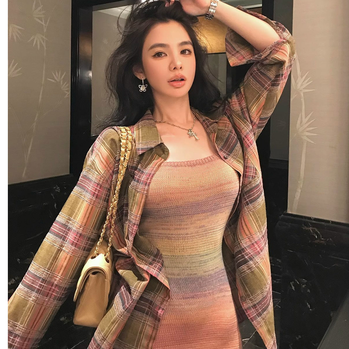 Aichashi grunge outfits Autumn and Winter New Loose Coat Design Sense Niche Retro Versatile Slimming Plaid Long Sleeve Shirt