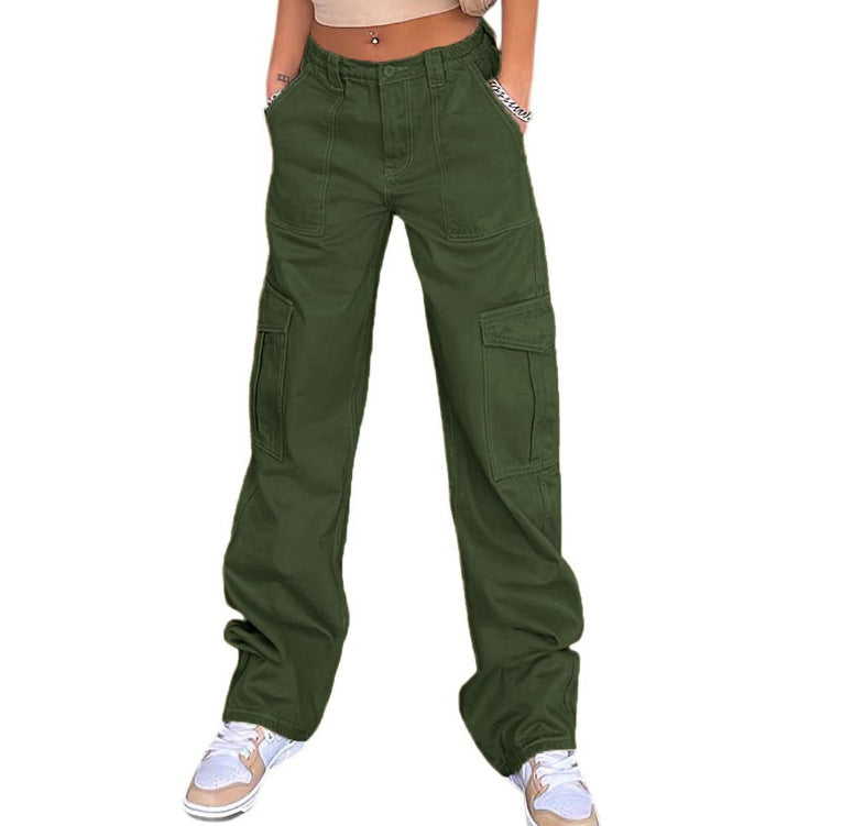 Aichashi college outfits Women's Street Fashion Multi-Pocket Workwear Straight Trousers High Waist Slimming Loose Khaki Jeans for Women