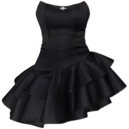 Aichashi freshman hoco dresses Birthday Party Dress Black Dress Women's Spring and Autumn New Tube Top Skirt Irregular Cake Skirt Pettiskirt