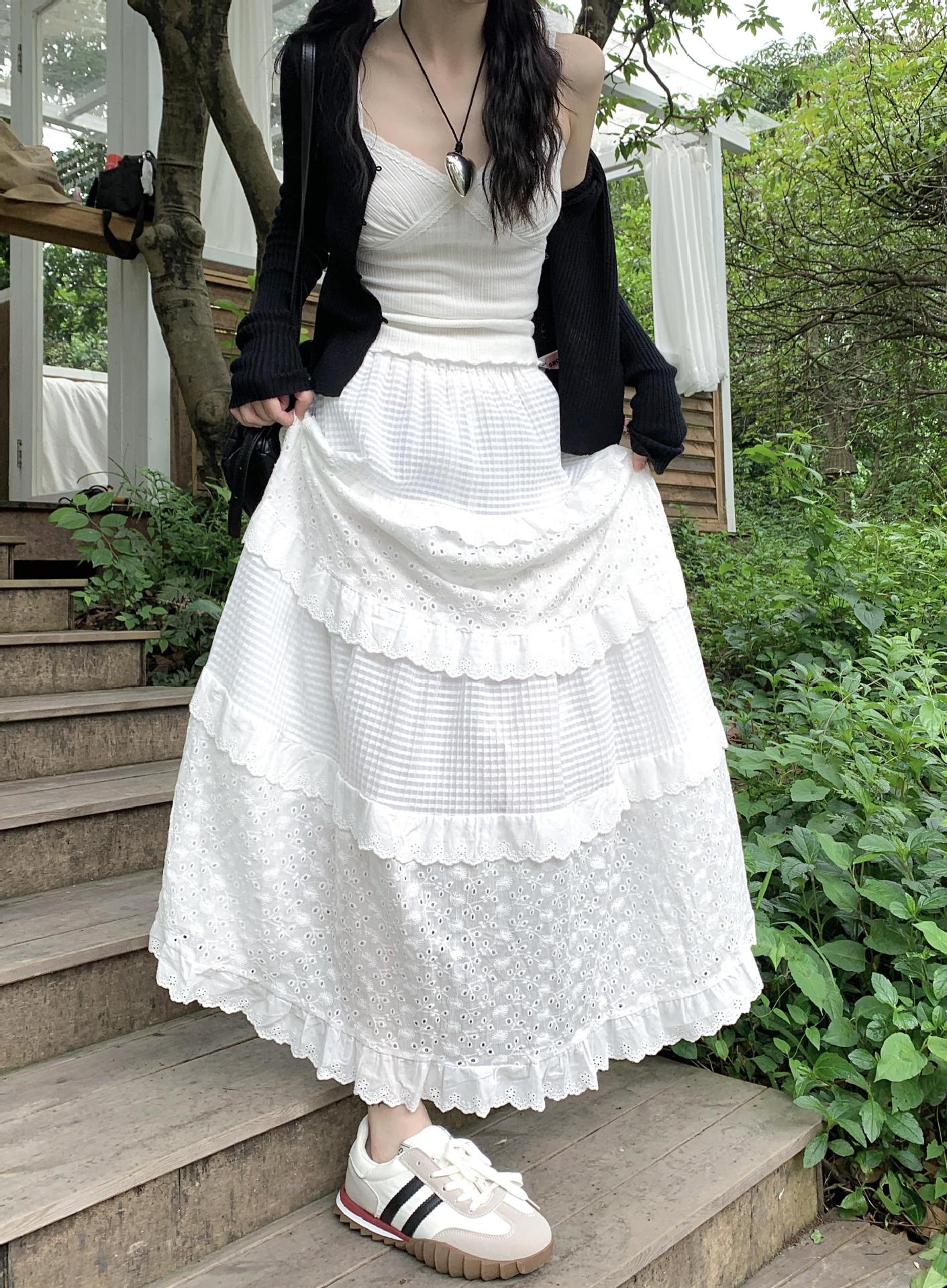 Aichashi church outfit White Gentle Style Skirt Women's Early Spring High Waist Umbrella Skirt A- Line Skirt Long Skirt Cake Skirt Design Lace Skirt