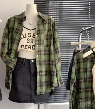 Aichashi grunge outfits Women's White and Green Plaid Shirt, Large Loose Plaid Coat for Spring and Summer