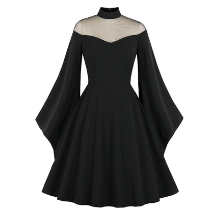 Aichashi dress to impress retro glamour New Halloween Black Queen Mesh Bell Sleeve Stitching Retro Dress