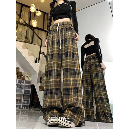 Aichashi fall outfits aesthetic Retro Brushed Plaid Casual Pants Women's Autumn New High Waist Straight Pants Slimming Wide Leg Mop Long Pants