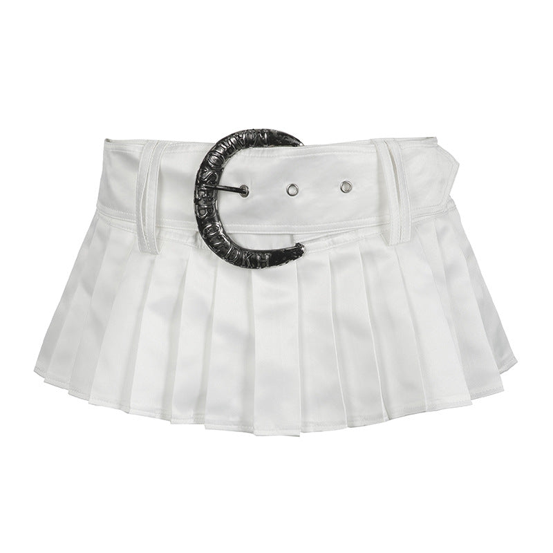 Aichashi 2000s fashion Sexy Hot Girl Low Waist Skirt American Belt Slim Slimming A- line Skirt 2024 Pure White Pleated Skirt