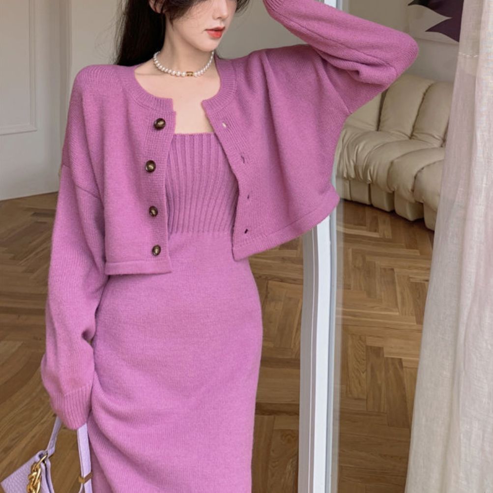 Aichashi korean fashion Korean Style Chanel Style Knitted Cardigan Sweater for Women 2024 Autumn and Winter New Elegant Strap Dress Two-Piece Suit