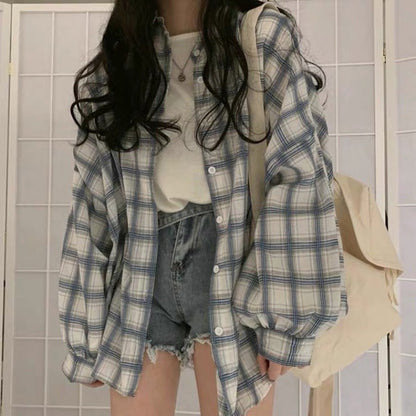 Aichashi grunge outfits Plaid Shirt Women's Loose Korean-Style Mid-Length Retro Hong Kong Style Versatile Bf Long Sleeve Ins Coat Fashion