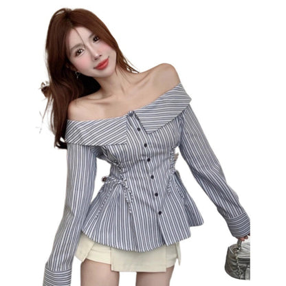 Aichashi dresses Hot Girl Style Striped Shirt Girls' Spring and Autumn off-Neck Slim Waist Shirt Chic Lace-up Long Sleeve T-shirt Shirt