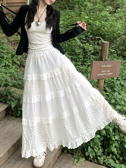 Aichashi church outfit White Gentle Style Skirt Women's Early Spring High Waist Umbrella Skirt A- Line Skirt Long Skirt Cake Skirt Design Lace Skirt