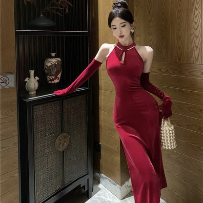 Aichashi dress to impress outfits Banquet Host Auto Show Dress Long Dress Improved Cheongsam Dress Sexy Split Halter Velvet Dress