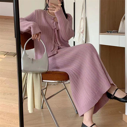 Aichashi comfy school outfits Autumn and Winter Wear Two-Piece Women's Korean-Style Elegant Bottoming Knitted Dress + Lazy Sweater Coat Lace-up Top