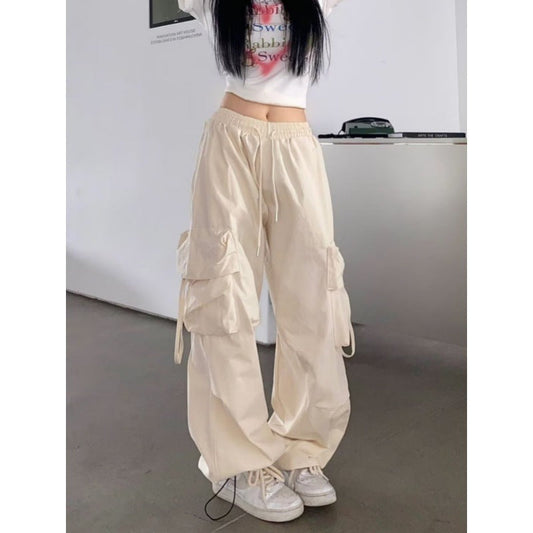 Aichashi outfit ideas for school American Retro Overalls Women's Summer High Waist Straight Wide Leg Pants Design Loose Casual Mopping Pants