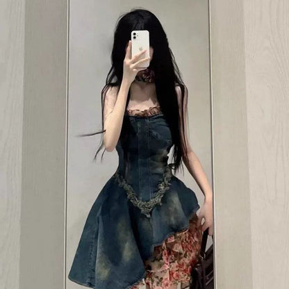 Aichashi fall 2024 fashion trends French Style Sweet Hot Girl Tube Top Denim Dress Women's Summer High-Grade Waist Slimming Pettiskirt Small