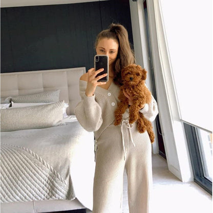 Aichashi comfy school outfits 2024 Casual Fashion Women's Solid Color Cardigan Long Sleeve Knitwear Trousers Two-Piece Suit