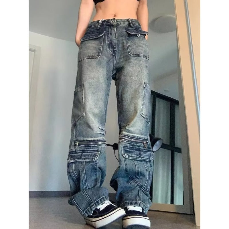 Aichashi grunge outfits American Retro Street Style Distressed Washed Design Zipper Pocket Denim Straight Trousers Men and Women Casual