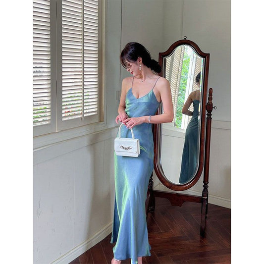 Aichashi dresses Same Day Delivery Summer New Green Mermaid Sling Super Long Dress Smooth Draping Slim Dress