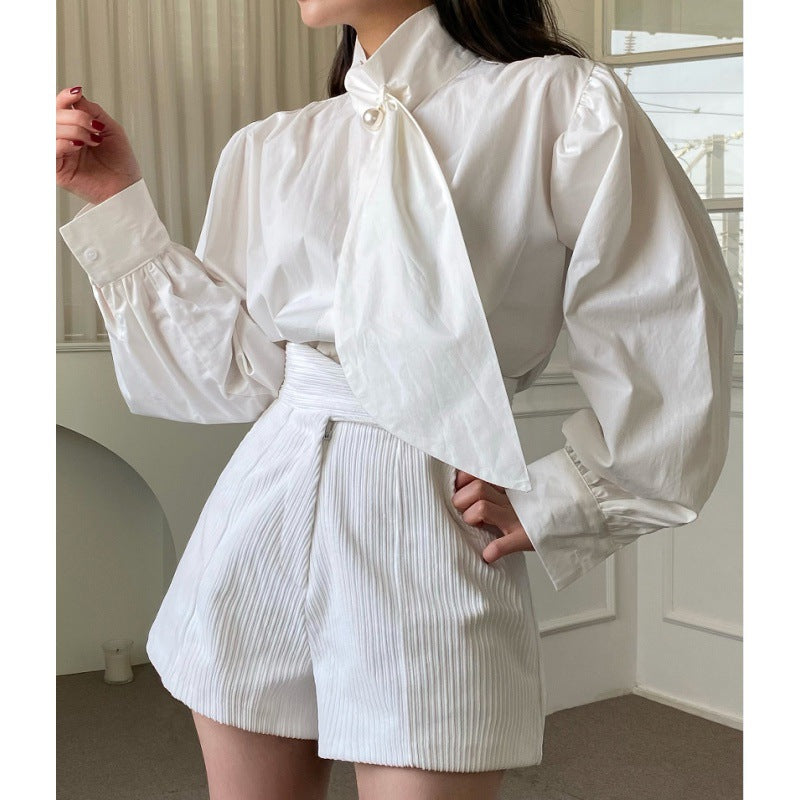 Aichashi fruitful fashion dress to impress Chic Autumn French Elegant Pearl Button Puff Sleeve Shirt + Irregular High Waist Shorts Suit