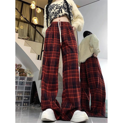 Aichashi fall outfits aesthetic Retro Brushed Plaid Casual Pants Women's Autumn New High Waist Straight Pants Slimming Wide Leg Mop Long Pants